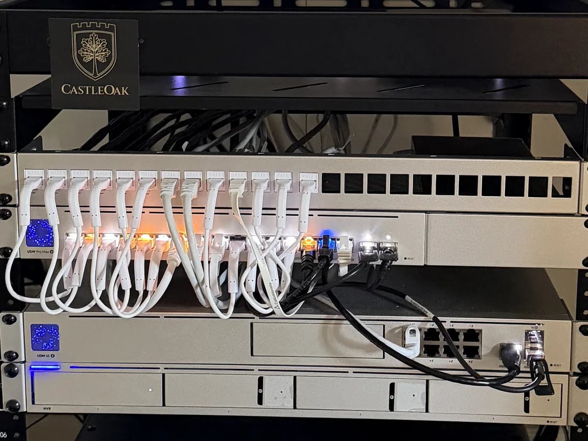 Network rack installed by CastleOak with patch panel, network switch and on-site NVR video recorder