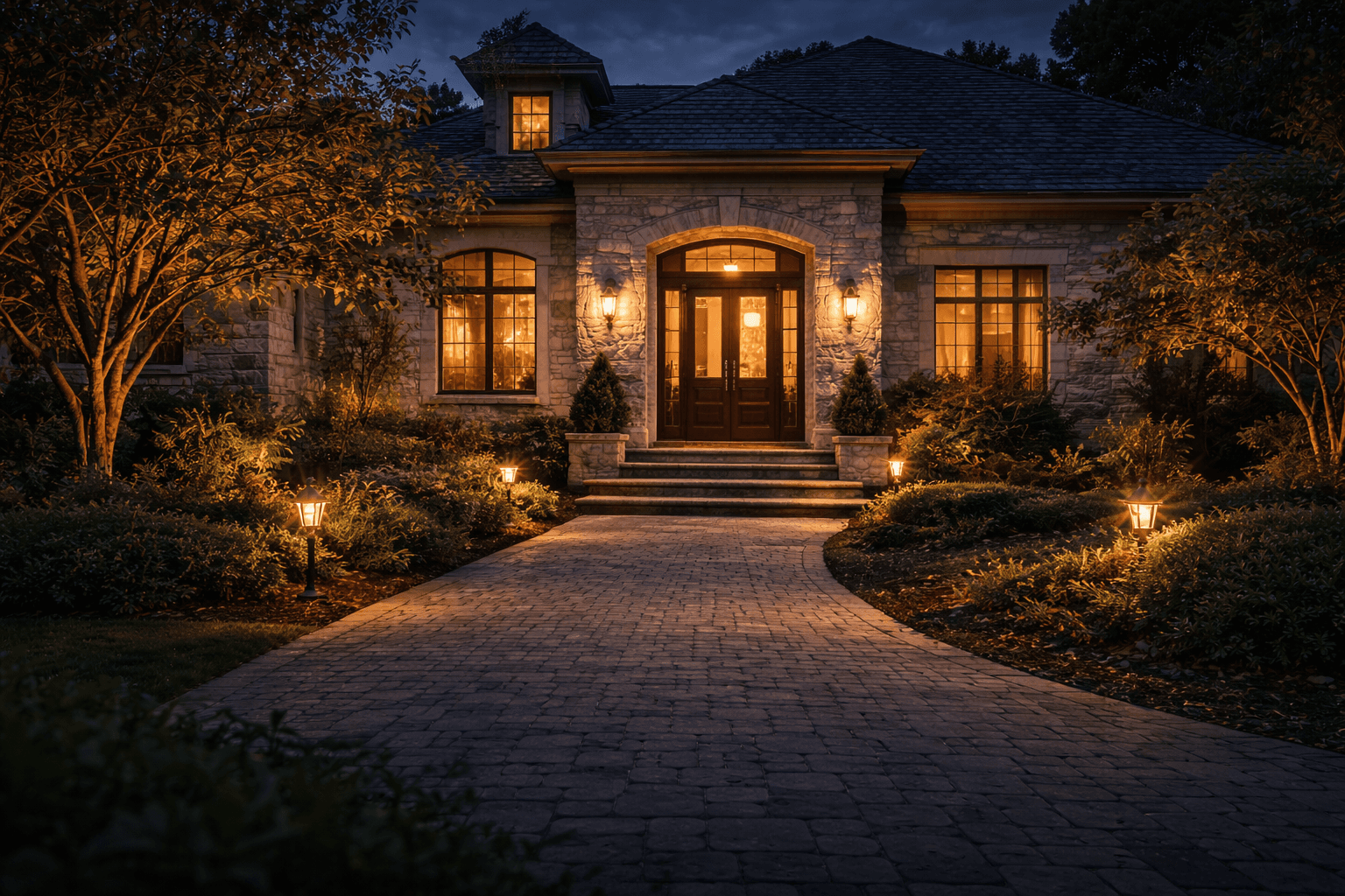Luxury estate at dusk with warm interior lighting and landscape uplighting