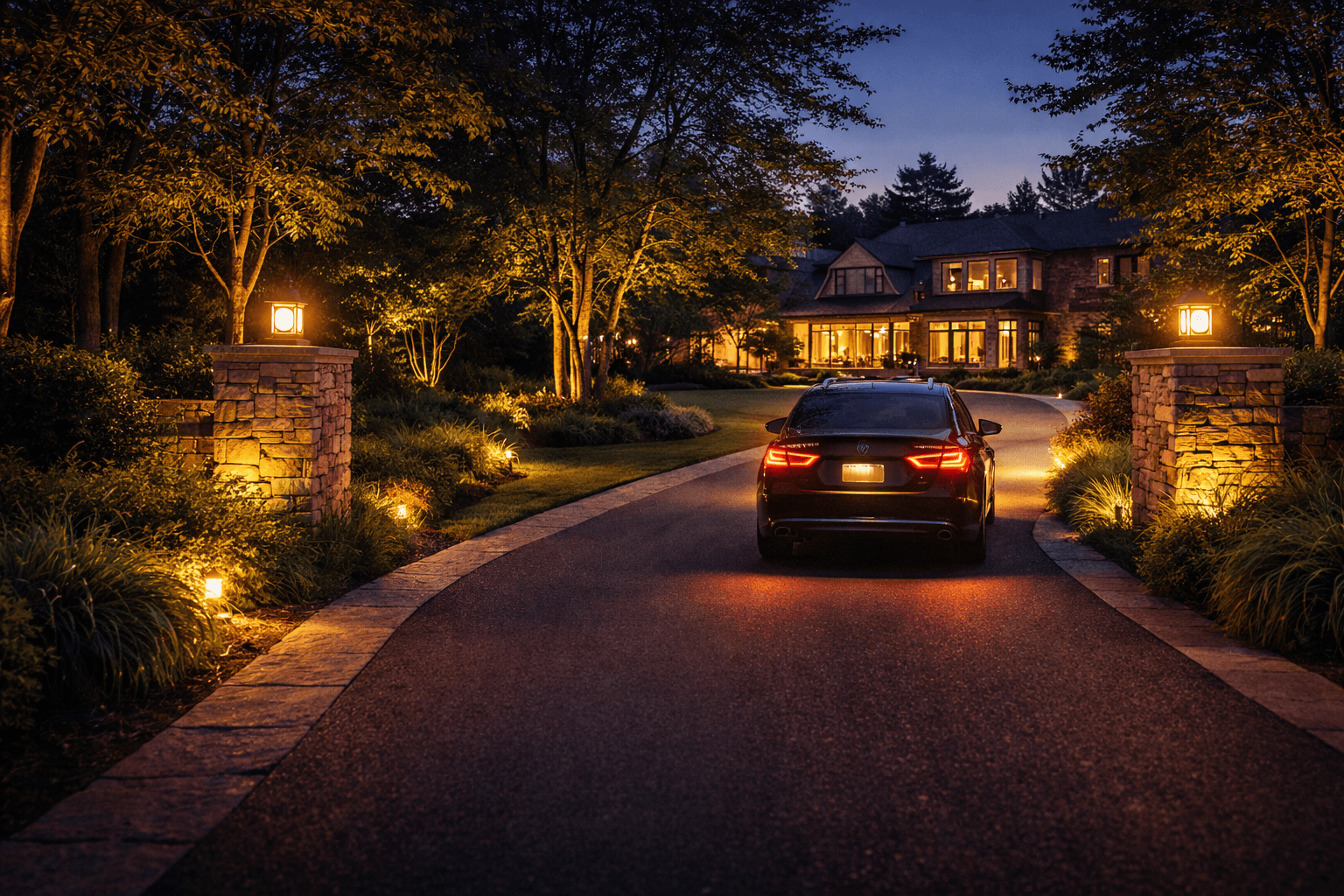 Private residence at dusk with exterior security camera coverage